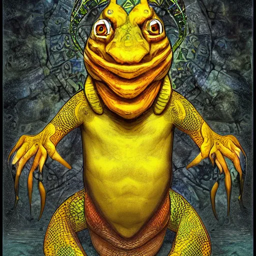 Image similar to portrait of yellow lizard priest, shaman, cult attire, antropomorphic, fantasy digital art, art station