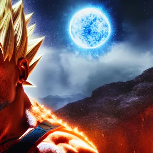 Prompt: photorealistic full shot of Dwayne Johnson as a warrior style goku super saiyan with aura at moonlight, apocalyptic background, snowing, lightning bolt, high detail, unreal engine 4k volumetric light, fog,