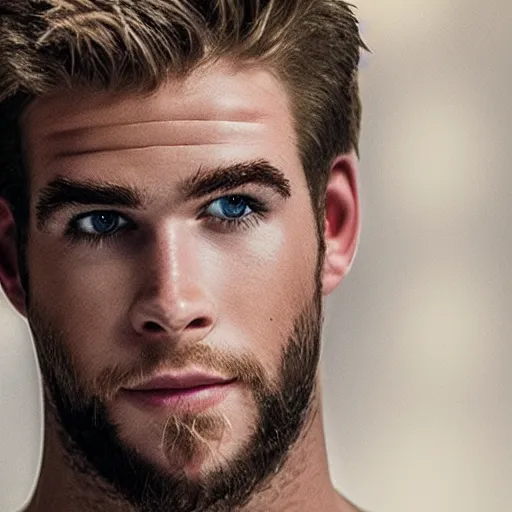 Image similar to a realistic detailed photo of a guy who is an attractive humanoid who is half robot and half humanoid, who is a male android, actor liam hemsworth, shiny skin, posing like a statue, blank stare, in a factory, on display, showing off his muscles