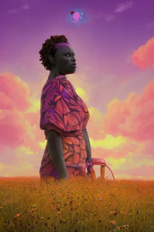 Prompt: closeup, large flower as a head, an african woman in heather field, surreal photography, golden hour, colorful clouds, impressionist painting, digital painting, artstation, simon stalenhag