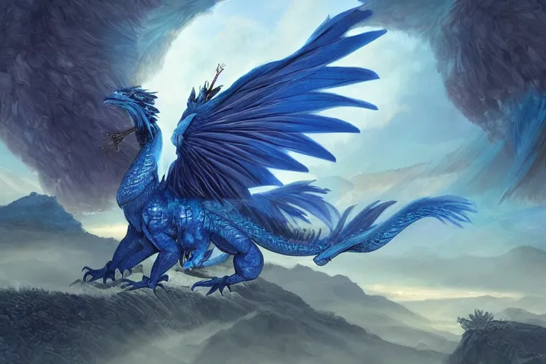 Prompt: Blue feathered Dragon with wings on a beautiful fantasy landscape, hills, mountains, moonlit, HD, illustration, epic, D&D, fantasy, intricate, elegant, highly detailed, digital painting, artstation, concept art, smooth, sharp focus, illustration, art by artgerm and greg rutkowski and alphonse mucha