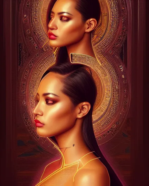 Image similar to ( ( ( portrait of tech goddess ) ) ), zoom, rule of thirds, atmosphere, intricate, regal, latinas, ( brown skin ), symmetrical!!, loreal, maybelline, sephora, loreal, artstation, art by artgerm and gonzalo ordonez arias, moody, concept art, filmic, vsco