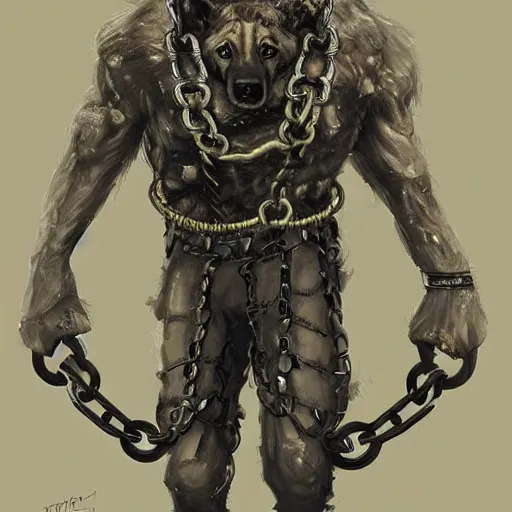 Prompt: a wounded humanoid german shepherd beast - man in military style, his hands are covered with chains, sitting on the bed, highly detailed portrait, digital painting, artstation, concept art, smooth, sharp foccus ilustration, artstation