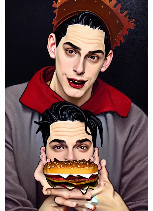 Image similar to oil painting, jughead jones wears a grey crown, and devours a hamburger, intricate, elegant, highly detailed, lighting, painting, artstation, smooth, illustration, art by greg rutowski and alphonse mucha