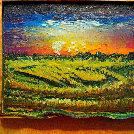 Prompt: oil paint impasto relief, beautiful evening view of an oilseed field, evening, multi layered thick brush marks, some splattered paint, in the style of ivan shishkin and frank auerbach and van gogh