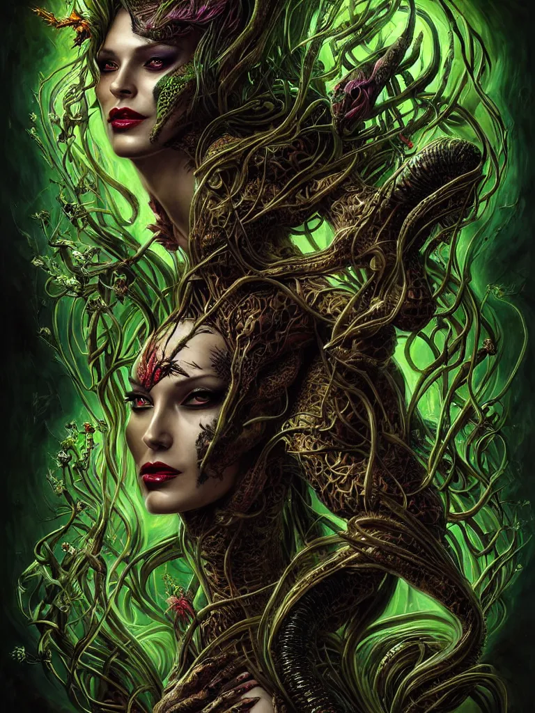 Image similar to cinematic fullbody portrait. complex hyper-maximalist overdetailed cinematic cosmic scifi portrait of an elegant very attractive but wild and dangerous reptilian goddess by andrei riabovitchev, tomasz alen kopera, oleksandra shchaslyva. Omnious intricate. Secessionist portrait illustration. Poison goddes. Slightly Reminds to poison ivy. Focus on face. Artstation. Deviantart. 8k 4k 64megapixel. Rendered by binx.ly.