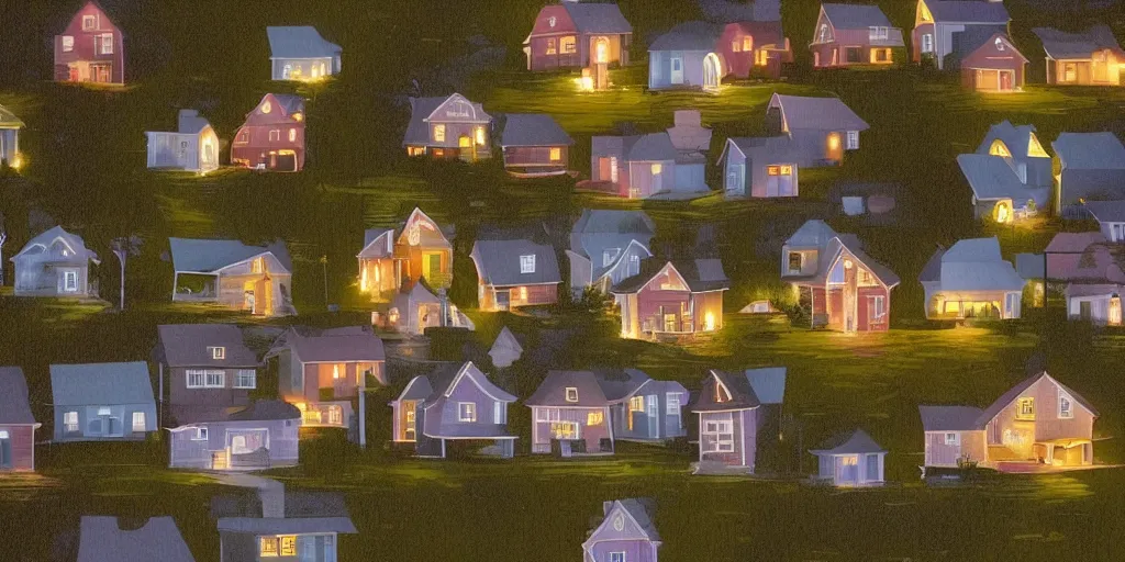 Image similar to small suburban houses in America at night by Wes Anderson, fantasy, imagination, cinematic