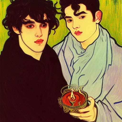 Image similar to painting of young cute handsome beautiful dark medium wavy hair man in his 2 0 s named shadow taehyung and cute handsome beautiful min - jun together at the halloween party, bubbling cauldron, candles, smoke, tarot, autumn colors, elegant, stylized, soft facial features, delicate facial features, art by alphonse mucha, vincent van gogh, egon schiele