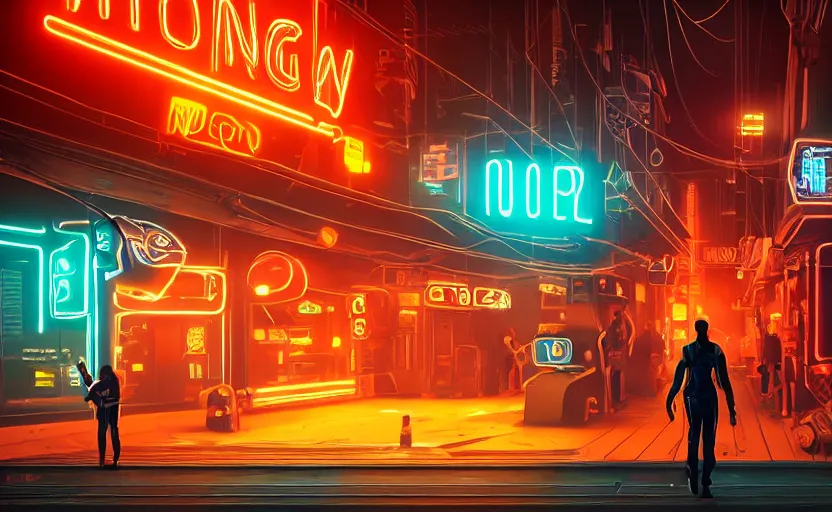 Image similar to Skinny orange cat in cyberpunk with neon signs and robots, very detailed, very photorealistic.