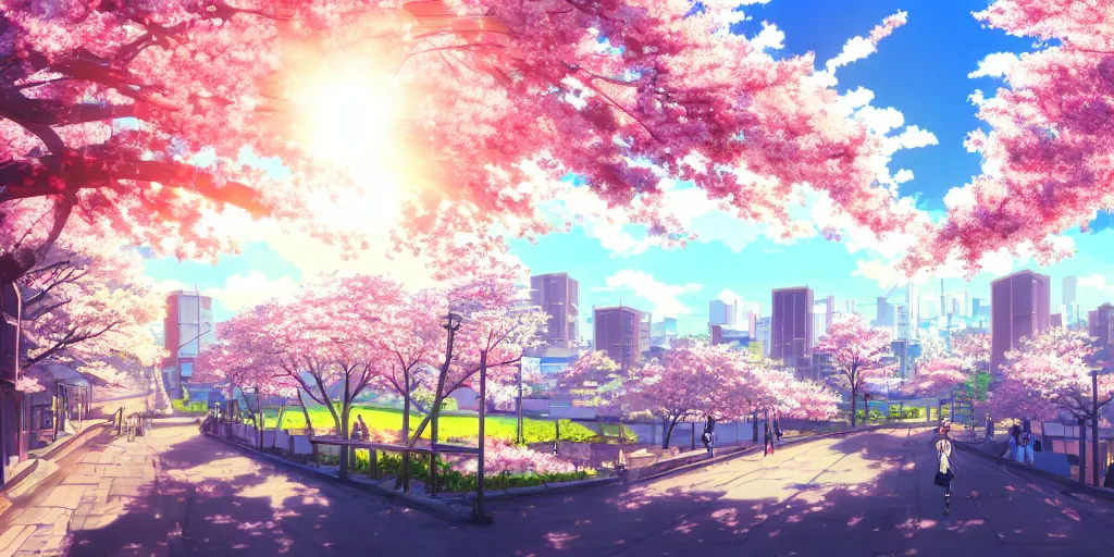 Image similar to anime style cityscape, spring season anime city, cherry blossoms in the wind, day time, sun high in the sky, sun glare, clear weather, blue sky, tokyo japan, high detail and very sharp, detailed shading, artstation, wallpaper, kyoto animation productions, a silent voice