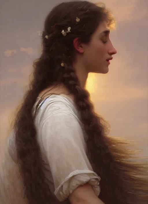 Image similar to oil painting close up portrait of a contemplative young provencale woman with long dark flowing hair in a dress made of white roses!! at sunset, hazy, digital art, chiaroscuro, artstation, cinematic, golden hour, digital art painting by greg rutkowski, william - adolphe bouguereau, hazy atmosphere, cinematic lighting