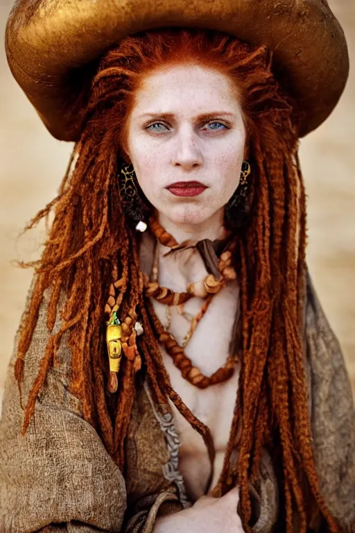 Image similar to 19th Century Barbary Coast pirate beautiful female model with amazing Ginger hair and Golden hooped earrings photography by Steve McCurry