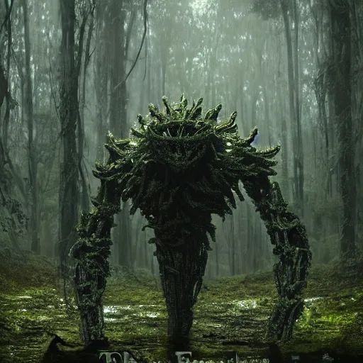 Image similar to a complex organic fractal 3 d metallic symbiotic ceramic humanoid megastructure creature in a swampy lush forest, foggy, cinematic shot, photo still from movie by denis villeneuve, wayne barlowe, polaroid
