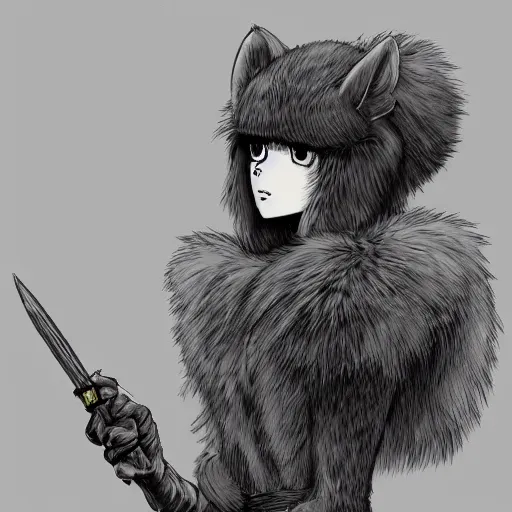 Prompt: a beautiful dressed furry girl, artstation hq, stylized, award winning, colour page from berserk series, created by kentaro miura