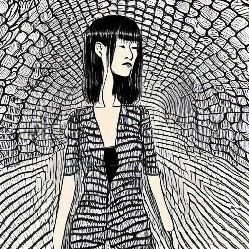 Prompt: a portrait by junji ito lush vine covered backrop