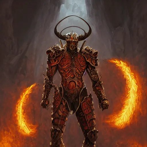 Prompt: A Demon Clad in Gladiator Armor with a firey halo, detailed, centered, digital painting, artstation, concept art, donato giancola, Joseph Christian Leyendecker, WLOP, Boris Vallejo, Breathtaking, 8k resolution, extremely detailed, beautiful, establishing shot, artistic, hyperrealistic, beautiful face, octane render, cinematic lighting, dramatic lighting, masterpiece