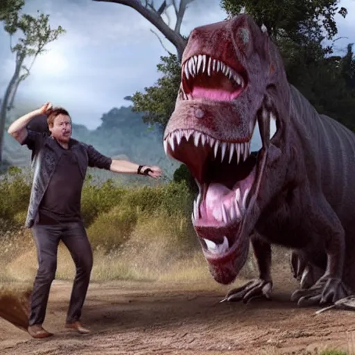 Prompt: Elon Musk as caveman hunting a wild trex , high quality render photorealistic