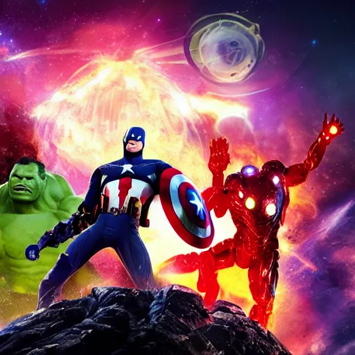 Prompt: the avengers battle one eldritch garfield in space, galaxy, hd, 8 k, explosions, gunfire, lasers, giant, epic, colorful, realistic photo, unreal engine, stars, prophecy, powerful, cinematic lighting, destroyed planet, debris, justice league, movie poster, violent, sinister, ray tracing, dynamic, print, epic composition, dark, moody