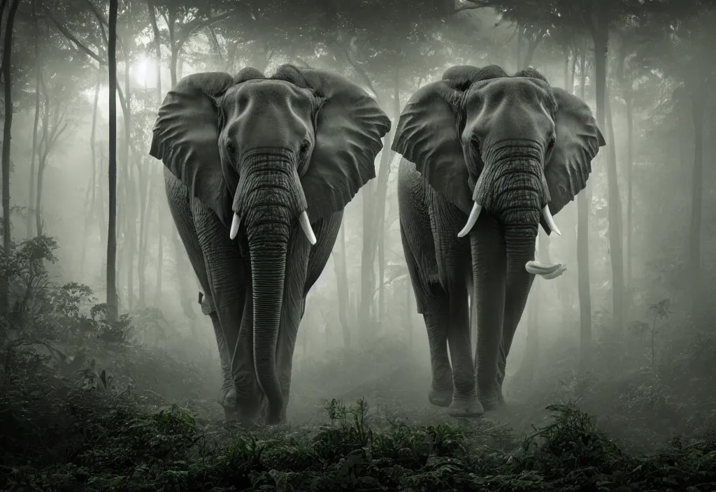 Image similar to an enormous elephant king, huge tentacles, in a jungle with ominous light from above, ambient light, fog, river, symmetrical, poetic