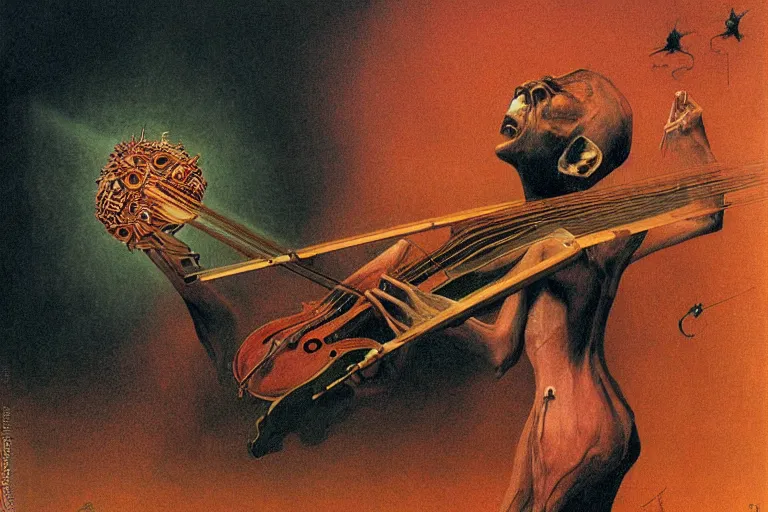 Image similar to katamari damacy as cosmic horrifying artwork of a demonic painting of a skinny living corpse playing the violin by zdzisław beksinski