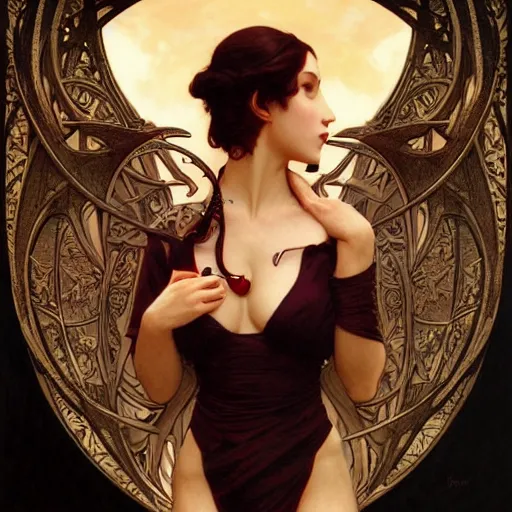 Prompt: portrait of a sexy female vampyre, intricate, elegant, art nouveau, tarot card, highly detailed, digital painting, artstation, concept art, smooth, sharp focus, illustration, art by artgerm and greg rutkowski and alphonse mucha and william - adolphe bouguereau