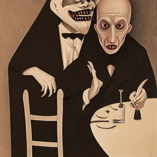 Image similar to Nosferatu and Elvis sitting down at a restaurant, Chris Van Allsburg