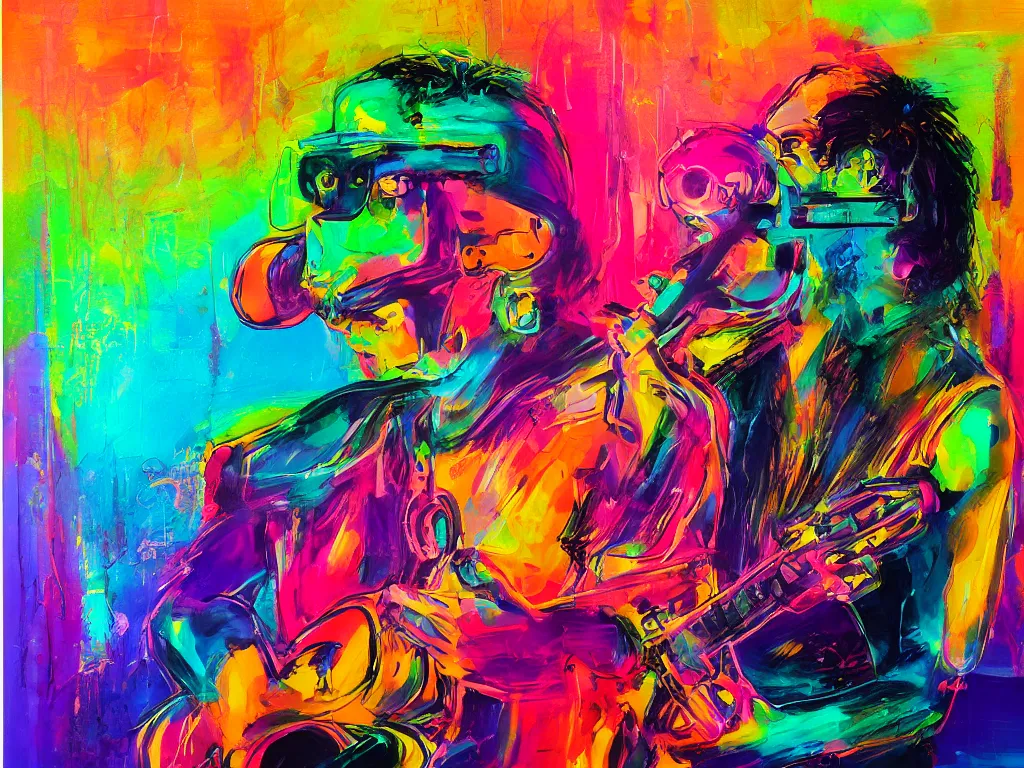 Prompt: music is life, neo funk mixed media with oil paint, thick strokes, canvas, half tone colors, gradients, designed by artstationhq, retro, groovy, low fi,