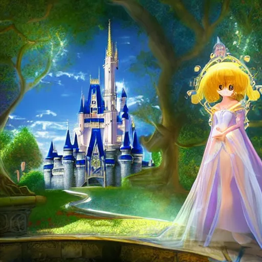 Image similar to a pleasant, beautiful, funny, smooth 3D CG render, semirealistic anime style, a noble priestess magician princess girl wearing dress and jewelry, in a glorious magic kingdom with castle and walls, relaxing calm vibes, fairytale