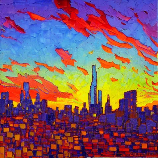 Image similar to a painting of a sunset over a cityscape with buildings in the background, an oil painting by erin hanson and stanton macdonald wright, deviantart, american impressionism, rich color palette, impressionism, fauvism, cgsociety, lyrical abstraction, cityscape, dystopian art