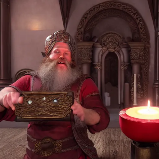 Prompt: fit, red - haired, bearded male in a grey tunic playing a lyre, inside of a candle lit temple, norse god odin, smiling, beside him, bright atmosphere, hyper realistic, photo realistic, movie still, unreal engine, high octane render, 8 k