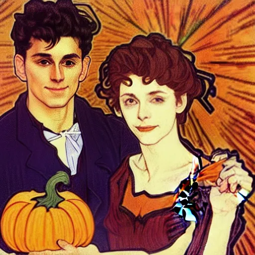 Image similar to painting of handsome young delicate beautiful jeffrey in his 2 0 s with brown hair and gorgeous rina together at the jack o'lantern halloween party holding pumpkins, elegant, clear, painting, stylized, art, art by alphonse mucha, vincent van gogh, egon schiele,