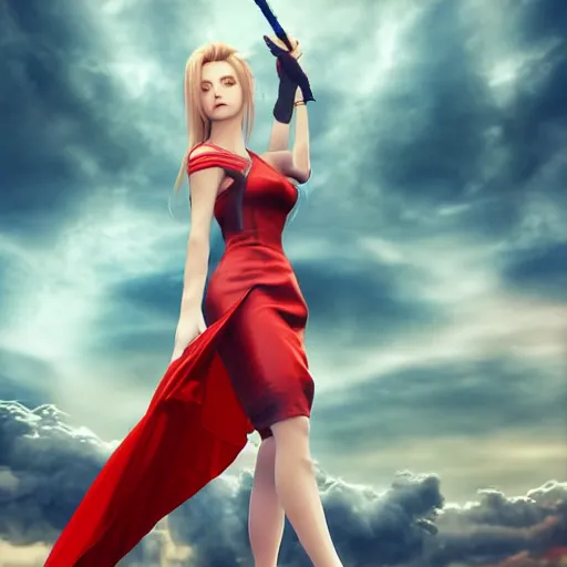 Image similar to epic scene of very attractive final fantasy vii female character, detail face, lovely eyes and detailed lips, with amazing detail red dress, feet in high heels, side view ) ( fighting ) hyper realistic 3 d render, art station, particles, epic scene, mucha, clouds, seductive jump pose, blur focus, action,