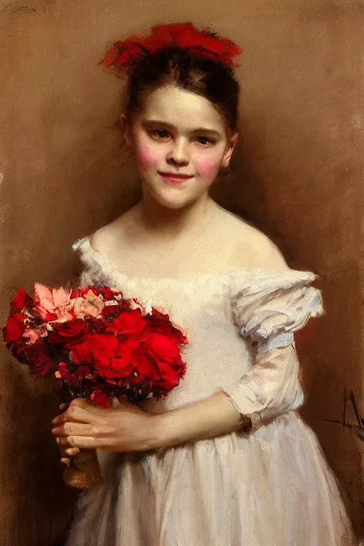 Prompt: Solomon Joseph Solomon and Richard Schmid and Jeremy Lipking victorian genre painting full length portrait painting of a young girl holding a bouquet, red background