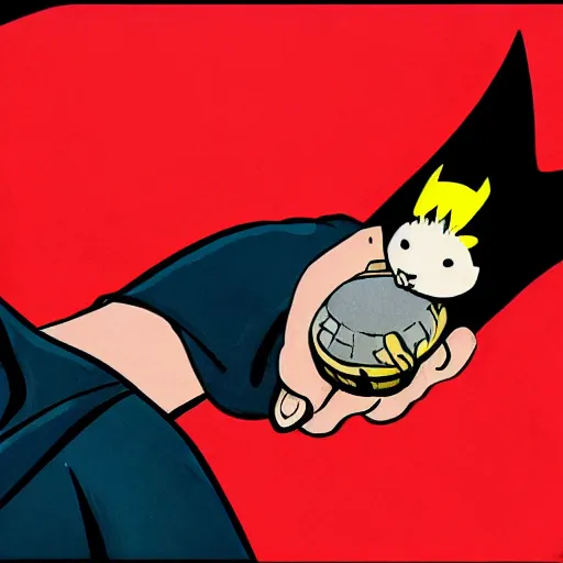 Prompt: Batman holding a hamster in his hand, looking at it curiously. In the style of 80s comic book. Red background