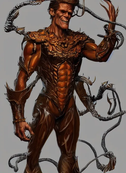 Image similar to powerful male, williem dafoe as jack pumpkinhead, full body character concept, art nouveau, super powers, fantasy, intricate, elegant, highly detailed, digital painting, artstation, concept art, shining, sharp focus, illustration, art by stanley lau