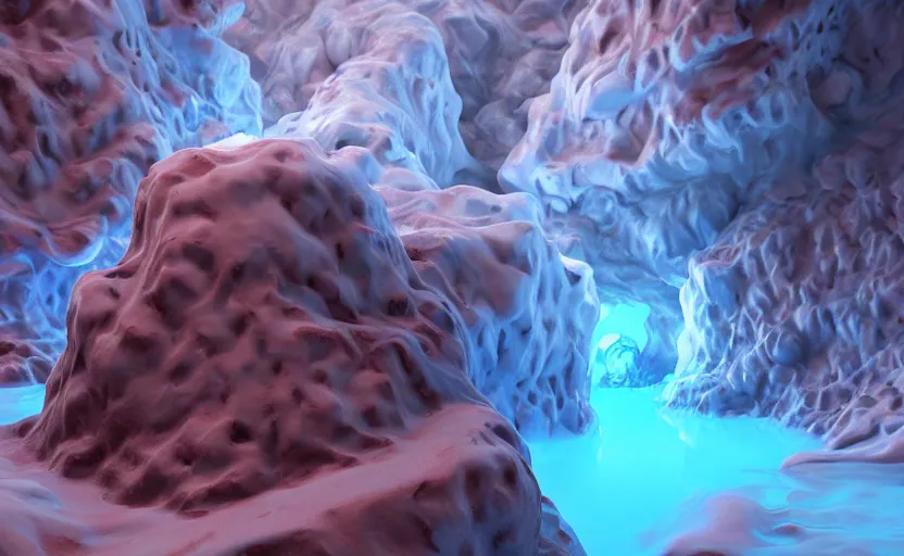 Image similar to liquid nitrogen and with red water-cooling coolant flowing through latent representations of ice caverns by centrifugal forces, gaming pc components sticking out the walls, high detail, high contrast, low-poly elements!!!!!, trending on artstation, octane render, subsurface scattering, 4k