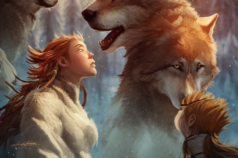 Image similar to photo of Aloy surrounded by happy wolves, highly detailed, photorealistic, reflections, smooth, sharp focus, concept art, illustration, beautiful, geometric, trending on artstation, cinematic, featured on behance , artwork by WLOP and Tran, Ross