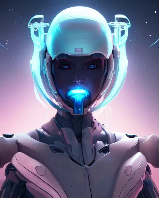 Image similar to perfect android girl on a mothership, warframe armor, beautiful face, scifi, futuristic, galaxy, nebula, raytracing, dreamy, long white hair, blue cyborg eyes, sharp focus, cinematic lighting, highly detailed, artstation, divine, by gauthier leblanc, kazuya takahashi, huifeng huang