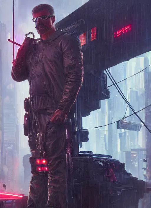 Image similar to cyberpunk Teddy Roosevelt. Cyberpunk ninja in tactical gear. blade runner 2049 concept painting. Epic painting by James Gurney, Azamat Khairov, and Alphonso Mucha. ArtstationHQ. painting with Vivid color. (rb6s, Cyberpunk 2077)