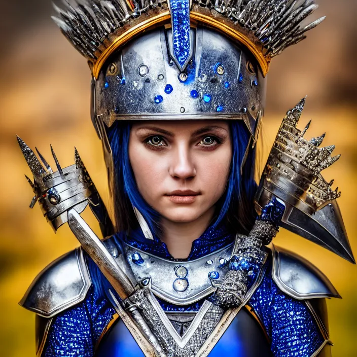 Image similar to photo of a cute warrior queen wearing sapphire encrusted armour, highly detailed, 4 k, hdr, smooth, sharp focus, high resolution, award - winning photo