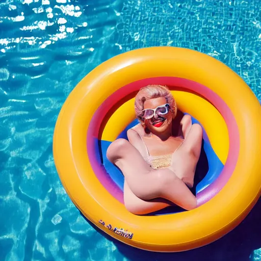 Prompt: Beautiful woman with retro blonde hair and makeup smiling and floating in a circular inflatable plastic raft, in a luxurious pool, overhead shot, fuzzy polaroid photograph, 1960s, hyperrealism