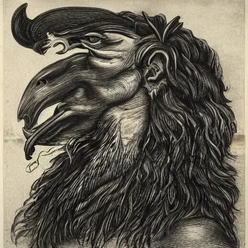 Image similar to human / eagle / lion / ox hybrid with two horns, one big beak, mane, human body. drawn by francis bacon