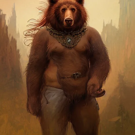 Image similar to portrait of a man - bear - pig, male, handsome, masculine, full body, red hair, long hair, soft hair, fantasy, intricate, elegant, highly detailed, steampunk, airship, digital painting, artstation, concept art, character art, smooth, sharp focus, illustration, art by artgerm and greg rutkowski and alphonse mucha