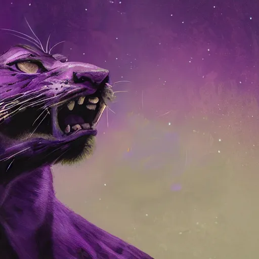 Prompt: closeup of a purple panther roaring at the moon in the forest. night. large moon in the center. z. a. cinematic. painting. concept art. rustic. gritty.