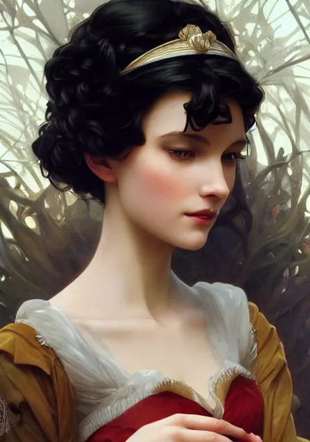 Prompt: snow white and queen, intricate, elegant, highly detailed, digital painting, artstation, concept art, smooth, sharp focus, illustration, art by artgerm and greg rutkowski and alphonse mucha and william - adolphe bouguereau