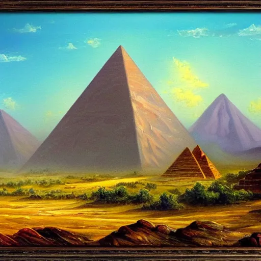 Image similar to fantasy landscape pyramids in distance rocky desert terrain oil painting widescreen