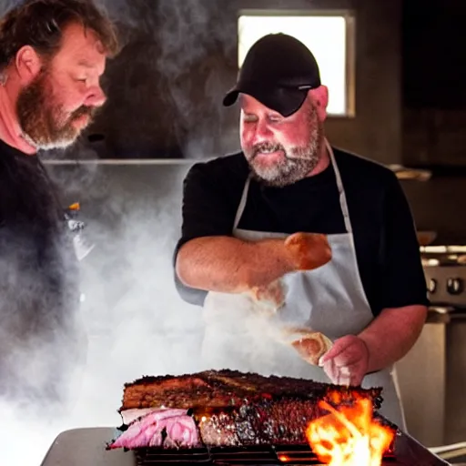 Image similar to rick and porky cooking a brisket, filmic, cinematographic
