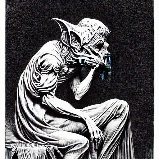 Image similar to portrait soft light, by bernie wrightson and joe fenton, inspired by gothic victorian gargoyle, etching, fine, sharp high detail, duotone screen print,