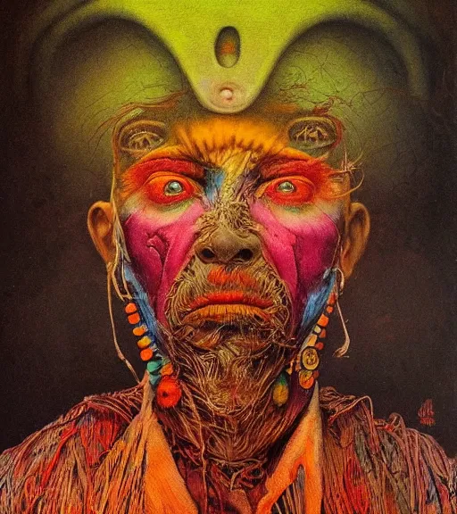 Image similar to Portrait painting in a style of Beksinski mixed with Alex Grey of an old shaman dressed in a colorful traditional clothes. Symmetry