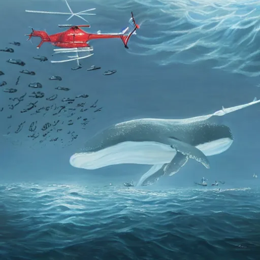 Image similar to an modern hyperrealistic painting of helicopters flying underwater around a big whale